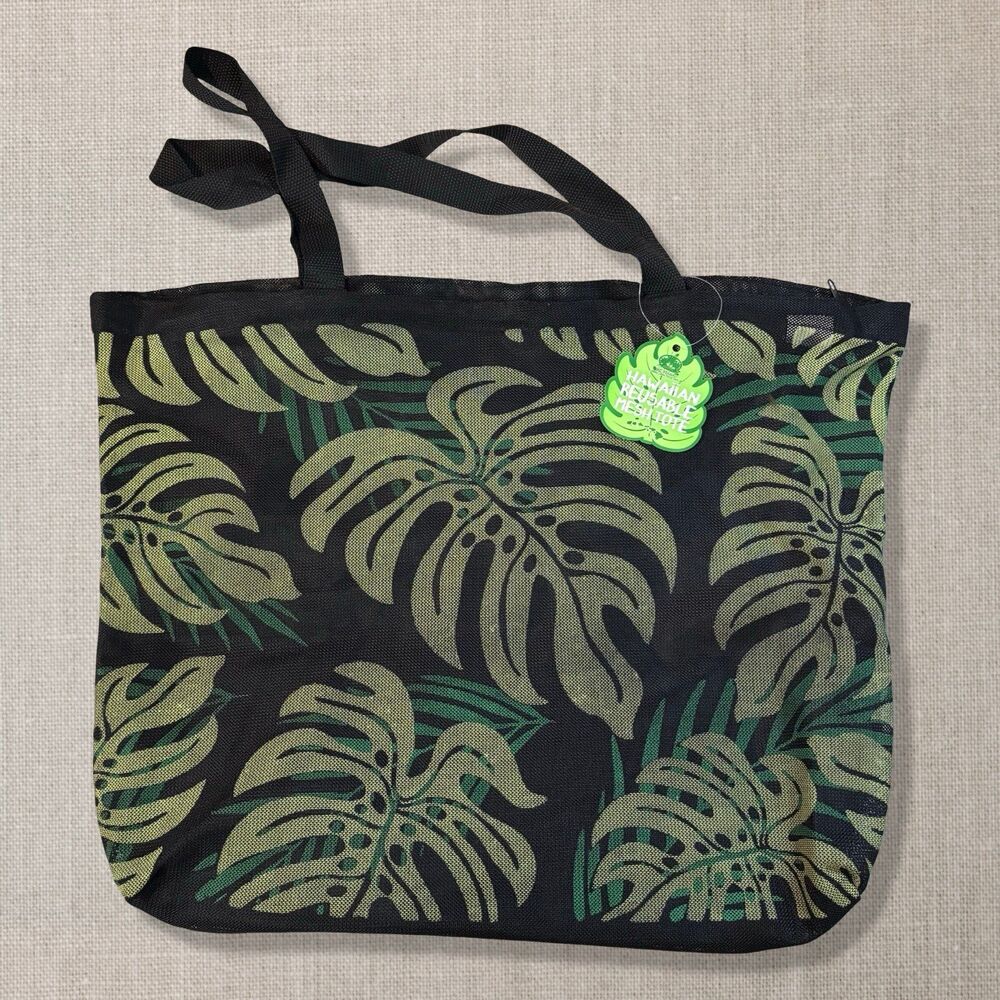 KC Hawaii Hawaiian Reusable Mesh Tote Bag Monstera Tropical Beach Grocery NWT